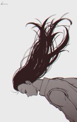 Rule 34 | 1boy, black eyes, black hair, expressionless, floating hair, from side, hichi(hichi), highres, hunter x hunter, illumi zoldyck, long hair, male focus, monochrome, simple background, solo