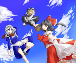 Rule 34 | 3girls, blonde hair, bloomers, blue eyes, bow, broom, broom riding, brown eyes, cloud, day, detached sleeves, female focus, flying, gradient background, hair ribbon, hakurei reimu, hat, izayoi sakuya, japanese clothes, kirisame marisa, maid, miko, mizu mochi, multiple girls, outdoors, perfect cherry blossom, ponytail, ribbon, scarf, silver hair, skirt, sky, socks, touhou, underwear, white bloomers, witch, witch hat, yellow eyes