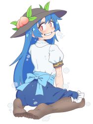 Rule 34 | 1girl, ass, ass focus, back bow, black pantyhose, blue bow, blue hair, blue skirt, blush, bow, collared shirt, feet, food, fruit, hair between eyes, hat, highres, hinanawi tenshi, long hair, looking at viewer, looking back, nyokitsune, pantyhose, peach, peach hat ornament, red eyes, shirt, skirt, smile, solo, steaming body, sweat, touhou, very long hair, white shirt