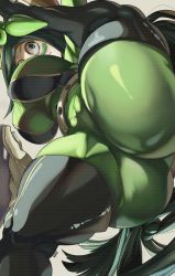 Rule 34 | 1girl, all fours, anus, anus peek, ass, ass focus, asui tsuyu, black hair, bodysuit, boku no hero academia, boots, breasts, brown hair, covered erect nipples, frog girl, from behind, gloves, green bodysuit, highres, huge ass, long hair, looking at viewer, looking back, noblood (ryandomonica), thick thighs, thigh boots, thighhighs, thighs, underboob, white background, white gloves, wide hips