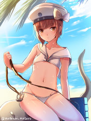 Rule 34 | 10s, 1girl, beach, beret, bikini, blue sky, blush, breasts, brown eyes, brown hair, clothes writing, cloud, day, hat, kantai collection, looking at viewer, mataichi mataro, navel, ocean, outdoors, palm tree, sailor bikini, sailor collar, sailor hat, sand, short hair, sitting, sky, small breasts, solo, sweat, swimsuit, tentacles, tree, twitter username, water, white bikini, white hat, z3 max schultz (kancolle)