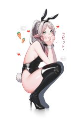 Rule 34 | 1girl, absurdres, animal ears, black footwear, black leotard, black thighhighs, boots, carrot, earrings, fake animal ears, fake tail, frieren, from side, full body, green eyes, grey hair, high heel boots, high heels, highres, jewelry, leotard, long hair, noodychaan, playboy bunny, pointy ears, rabbit ears, rabbit tail, simple background, solo, sousou no frieren, squatting, tail, thighhighs, translation request, white background, wrist cuffs