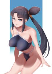 Rule 34 | 1girl, absurdres, bare shoulders, bikini, black hair, blue background, blue bikini, blue eyes, breasts, bulge, closed mouth, cojohn, collarbone, commentary request, erection, erection under clothes, fate/grand order, fate (series), futanari, hair bun, highres, long hair, looking at viewer, medium breasts, parted bangs, side ponytail, sidelocks, simple background, single hair bun, single side bun, smile, solo, swimsuit, ushiwakamaru (fate), ushiwakamaru (fate/grand order), ushiwakamaru (swimsuit assassin) (fate), ushiwakamaru (swimsuit assassin) (first ascension) (fate), very long hair, white background