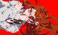 Rule 34 | 1girl, akai meganee, android, artificial eye, brown hair, cable, closed mouth, commentary request, cracked skin, damaged, eyeball, floating hair, glasses, hand on own face, hand on own shoulder, hands up, highres, long hair, long sleeves, looking at viewer, lying, mechanical eye, mechanical parts, on side, pink eyes, pretty series, red-framed eyewear, red background, shirt, simple background, smile, solo, torn clothes, torn shirt, tsujii luki, upper body, waccha primagi!, white shirt, wire