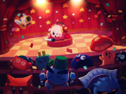 Rule 34 | bandana, bandana waddle dee, blue bandana, cappy (kirby), character request, checkered floor, chilly (kirby), confetti, copy ability, gooey (kirby), gordo, headphones, highres, kirby, kirby (series), meta knight, microphone, mike kirby, nintendo, no humans, one eye closed, plugg (kirby), revision, scarfy, stage, star (symbol), suyasuyabi, sweat, theater