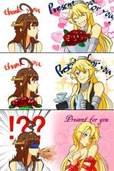 Rule 34 | !?, 10s, 2girls, 3koma, ahoge, bad id, bad twitter id, bare shoulders, bdsm, blonde hair, blue eyes, blush, bondage, bound, bouquet, brown hair, comic, commentary request, cup, english text, flower, grin, heart, highres, iowa (kancolle), kantai collection, kongou (kancolle), long hair, multiple girls, naked ribbon, nude, plate, ribbon, ribbon bondage, shaded face, smile, sparkle, spit take, spitting, tachikoma (mousou teikoku), tea, teacup, teapot, yuri