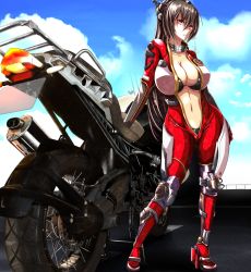 Rule 34 | 10s, 1girl, bad id, bad pixiv id, biker clothes, bikesuit, bmw, bodysuit, breasts, brown hair, center opening, cleavage, cloud, collar, collarbone, day, hair ornament, hairband, highres, huge breasts, kantai collection, long hair, motor vehicle, motorcycle, nagato (kancolle), personification, red eyes, sky, solo, tight clothes, traces, vehicle