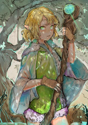 Rule 34 | 1girl, blonde hair, cloak, elf, fingerless gloves, forest, frilled shorts, frills, gloves, green eyes, highres, hiranko, lips, looking at viewer, nature, original, pointy ears, short hair, shorts, solo, staff, tree