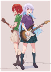 Rule 34 | 2girls, :d, absurdres, ange katrina, asada7101, back-to-back, blue eyes, blue hair, boots, bracelet, breasts, brown footwear, cable, electric guitar, fender (company), fender stratocaster, green shirt, grey background, guitar, highres, holding, holding guitar, holding instrument, instrument, jewelry, kneehighs, lize helesta, loafers, long hair, looking at viewer, medium breasts, multiple girls, nijisanji, open mouth, platform boots, platform footwear, profile, purple eyes, purple shirt, red hair, shadow, shirt, shoes, short hair, short sleeves, sidelocks, simple background, smile, socks, standing, t-shirt, teeth, upper teeth only, virtual youtuber