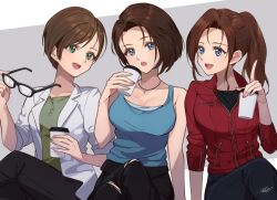 Rule 34 | 3girls, :o, arm support, black pants, black shirt, blue eyes, blue tank top, breasts, brown hair, claire redfield, coat, coffee cup, crossed legs, cup, disposable cup, unworn eyewear, green eyes, green shirt, high ponytail, holding, holding cup, holding removed eyewear, jacket, jewelry, jill valentine, lab coat, large breasts, looking at another, looking at viewer, mar0maru, medium breasts, multiple girls, necklace, open clothes, open coat, open mouth, pants, ponytail, rebecca chambers, red jacket, resident evil, resident evil: death island, shirt, short hair, signature, tank top, torn clothes