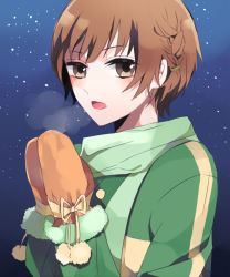 Rule 34 | 1girl, alternate hairstyle, atlus, bad id, bad pixiv id, braid, breath, brown eyes, brown hair, green scarf, jacket, mittens, open mouth, persona, persona 4, reeco3, satonaka chie, scarf, short hair, sky, solo, star (sky), starry sky, track jacket
