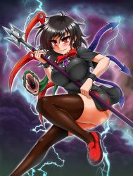 Rule 34 | &gt;:), 1girl, alternate breast size, ass, asymmetrical wings, black dress, black hair, blush, breasts, brown thighhighs, closed mouth, dress, gradient hair, holding, holding weapon, houjuu nue, impossible clothes, large breasts, lightning, looking at viewer, multicolored hair, polearm, red eyes, red footwear, red hair, shoes, short dress, short sleeves, smile, snake, solo, streaked hair, thick thighs, thighhighs, thighs, touhou, trident, v-shaped eyebrows, weapon, wings, yazuki gennojou