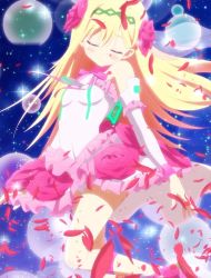 Rule 34 | bare shoulders, blonde hair, blush, dress, closed eyes, highres, hina logi - from luck &amp; logic, liones yelistratova, long hair, screencap, smile, stitched, third-party edit