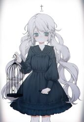Rule 34 | 1girl, absurdres, back, bizet, black dress, blue eyes, braid, cage, closed mouth, commentary request, dress, expressionless, goth fashion, gothic lolita, highres, lolita fashion, long hair, low twintails, original, solo, twintails, upper body, very long hair, wavy hair, white hair