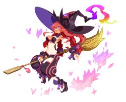 Rule 34 | 1girl, braid, breasts, broom, broom riding, butterfly hair ornament, cosplay, disgaea, disgaea rpg, fang, flying, full body, hair ornament, hat, highres, large breasts, large hat, long bangs, long hair, metallica (majo to hyakkihei), metallica (majo to hyakkihei) (cosplay), navel, non-web source, official art, open mouth, photoshop (medium), pink hair, pointy ears, pointy footwear, purple eyes, solo, twin braids, witch, witch hat, wrist cuffs