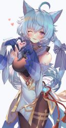 Rule 34 | 1girl, ;), ahoge, animal ears, bare shoulders, black bow, black gloves, blue hair, blush, bodysuit, bodysuit under clothes, bow, breasts, brown bodysuit, cat ears, cat tail, cowboy shot, detached sleeves, ganyu (genshin impact), genshin impact, gloves, hanato (seonoaiko), hands up, heart, heart hands, highres, kemonomimi mode, long hair, long sleeves, looking at viewer, medium breasts, one eye closed, paw print, paw print background, purple eyes, smile, solo, tail, tail bow, tail ornament, tail raised, very long hair, vision (genshin impact), wide sleeves