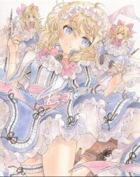Rule 34 | 1girl, absurdres, alice margatroid, blonde hair, blue dress, blue hair, boots, bow, bowtie, brown footwear, commentary, dress, frilled hairband, frills, full body, grin, hair bow, hairband, highres, jewelry, kisarush, looking at viewer, medium hair, mini person, minigirl, petticoat, puffy short sleeves, puffy sleeves, puppet rings, puppet strings, red bow, red bowtie, ring, shanghai doll, short sleeves, smile, touhou, traditional media, watermark