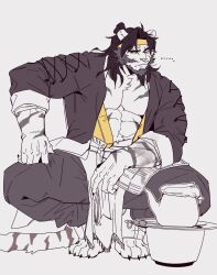 Rule 34 | ..., 1boy, abs, animal ears, arknights, bara, claws, commentary request, furry, furry male, headband, highres, huai tianpei (arknights), korean commentary, male focus, monochrome, muscular, muscular male, pectoral cleavage, pectorals, ppyong, squatting, tail, teapot, tiger boy, tiger ears, tiger stripes, tiger tail, white background, yellow headband