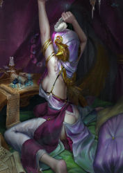 Rule 34 | 1girl, adapted costume, armpits, arms up, ass, back, breasts, butt crack, candle, crescent, curtains, desk, highres, jewelry, large breasts, mukazei, patchouli knowledge, purple hair, quill, scroll, sideboob, sitting, solo, tagme, touhou, veil, wariza