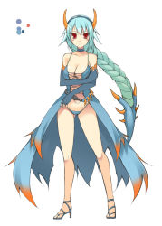 Rule 34 | 1girl, blue choker, blue dress, blue footwear, blue gloves, blue hair, blue panties, blush, braid, breasts, choker, cleavage, closed mouth, color guide, dress, elbow gloves, full body, gloves, gluteal fold, high heels, horns, lagiacrus, large breasts, long hair, monster hunter (series), ohta yuichi, open clothes, open dress, panties, personification, red eyes, sandals, simple background, single braid, smile, solo, standing, underwear, very long hair, white background