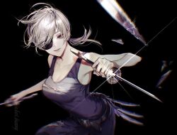 Rule 34 | 1girl, arms up, artist name, bare shoulders, belt, black background, black belt, black eyes, breasts, broken glass, chainsaw man, cleavage, closed mouth, collarbone, dao (weapon), dark background, eyepatch, glass, grey hair, hair between eyes, hands up, holding, holding sword, holding weapon, katana, koshika rina, lips, looking at viewer, medium breasts, pants, purple pants, purple shirt, quanxi (chainsaw man), shirt, short hair, simple background, sleeveless, sleeveless shirt, solo, sparkle, standing, sword, t-shirt, watermark, weapon