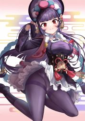 Rule 34 | 1girl, blue hair, blunt bangs, bonnet, braid, breasts, capelet, dress, frilled dress, frilled skirt, frills, genshin impact, hand in own hair, highres, hime cut, hungz, lolita fashion, long sleeves, looking at viewer, medium breasts, multicolored hair, pantyhose, purple pantyhose, red eyes, skirt, smile, twin braids, two-tone hair, vision (genshin impact), wind, wind lift, yun jin (genshin impact)