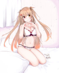 Rule 34 | 1girl, artist name, bed, bra, character name, commentary request, curtains, dated, frilled bra, frilled panties, frills, full body, hair ornament, hairclip, heterochromia, highres, kantai collection, light brown hair, long hair, looking at viewer, looking to the side, murasame (kancolle), murasame kai ni (kancolle), panties, pillow, red eyes, solo, twintails, two side up, underwear, velchi, white bra, white panties, window