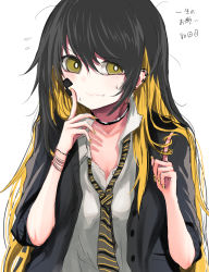Rule 34 | 1girl, absurdres, black hair, black jacket, blonde hair, blouse, bracelet, collared shirt, diagonal-striped clothes, diagonal-striped necktie, earrings, facial tattoo, fang, fang out, flying sweatdrops, hair between eyes, highres, jacket, jewelry, kamatama, long hair, looking at viewer, loose necktie, multicolored hair, multiple earrings, necklace, necktie, nervous smile, nishiga hachi, original, school uniform, shirt, simple background, smile, solo, striped clothes, striped necktie, striped neckwear, tattoo, translated, very long hair, wavy mouth, white background, white shirt, yellow eyes