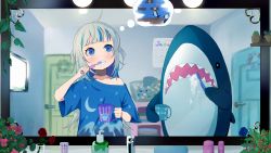 Rule 34 | 1girl, absurdres, ahoge, blue eyes, blue hair, blue shirt, blunt bangs, blush, brushing teeth, calendar (object), collarbone, commentary request, cup, door, flower, gawr gura, grey hair, highres, holding, hololive, hololive english, indoors, looking up, mario (series), mirror, multicolored hair, nintendo, open mouth, plant, potted plant, pov, power-up, red flower, red rose, reflection, rose, sakuramx, shark, sharp teeth, shirt, single bare shoulder, sink, soap bottle, super mario bros. 1, teeth, thought bubble, toothbrush, upper body, virtual youtuber