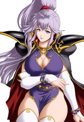 Rule 34 | 1girl, armor, breasts, cape, cleavage, cleavage cutout, clothing cutout, earrings, elbow gloves, fire emblem, fire emblem: genealogy of the holy war, fire emblem heroes, gloves, ishtar (fire emblem), jewelry, long hair, looking at viewer, nintendo, pauldrons, purple eyes, purple hair, rakusai (saisai garou), shoulder armor, side slit, solo, thighs