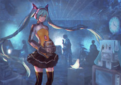 Rule 34 | 1girl, 3boys, aqua hair, baka2286, black skirt, black thighhighs, bodysuit, clock, drum, electric guitar, flat chest, gauntlets, guitar, hatsune miku, headgear, headphones, indoors, instrument, lamp, light, long hair, looking at viewer, multiple boys, odds &amp; ends (vocaloid), piano, real life, robot, silhouette, sitting, skirt, smile, solo focus, supercell (band), television, thighhighs, toy, twintails, very long hair, vocaloid, zettai ryouiki