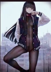 Rule 34 | 1girl, adjusting mask, black hair, blunt bangs, breasts, cityscape, collar, day, hand in pocket, highres, jacket, kaoming, letterman jacket, long hair, looking at viewer, mask, medium breasts, mouth mask, open clothes, open jacket, original, outdoors, pantyhose, solo, standing, standing on one leg, surgical mask, third-party edit, underboob