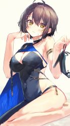 Rule 34 | 1girl, ahoge, armlet, asymmetrical clothes, azur lane, baltimore (azur lane), baltimore (evening breeze minuet) (azur lane), bandaid, bandaid on leg, black choker, black dress, blue cape, blush, braid, breasts, brown hair, cape, choker, cleavage, closed mouth, collarbone, commentary, dress, french braid, groin, hair between eyes, high heels, highres, holding, holding shoes, irohatomo, large breasts, looking at viewer, sandals, shoes, short hair, side cape, sidelocks, simple background, single bare shoulder, sitting, sleeveless, sleeveless dress, solo, sweat, unworn footwear, unworn sandals, wariza, yellow eyes