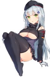 Rule 34 | 1girl, :o, absurdres, alternate breast size, ass, beret, black hat, black skirt, black thighhighs, blush, breasts, cross, cross hair ornament, facial mark, full body, german flag, girls&#039; frontline, gloves, green eyes, hair ornament, hat, highres, hk416 (girls&#039; frontline), iron cross, jacket, knees up, large breasts, long hair, long sleeves, looking at viewer, miniskirt, no shoes, panties, parted lips, plantar flexion, pleated skirt, purple jacket, revision, rikoma, sidelocks, silver hair, simple background, sitting, skirt, solo, thighhighs, underboob, underwear, very long hair, white background, white gloves, white panties