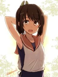 Rule 34 | 1girl, :d, armpits, blouse, brown eyes, brown hair, i-401 (kancolle), kantai collection, mashayuki, one-piece swimsuit, open mouth, orange sailor collar, ponytail, sailor collar, sailor shirt, school swimsuit, shirt, short hair, sleeveless, sleeveless shirt, smile, solo, swimsuit, swimsuit under clothes, twitter username, white shirt