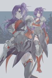 Rule 34 | 1girl, armor, breasts, cleavage, commentary, crossed arms, fire emblem, fire emblem: three houses, fire emblem warriors, fire emblem warriors: three hopes, gloves, grey thighhighs, hair bun, hair over one eye, highres, holding, holding sword, holding weapon, large breasts, leg strap, long hair, looking at viewer, multiple views, nintendo, purple eyes, purple hair, red gloves, shez (female) (fire emblem), shez (fire emblem), shoulder armor, single glove, smile, sokoo, sword, thighhighs, weapon