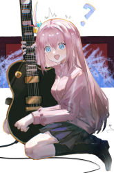 Rule 34 | 1girl, ?, black socks, blue eyes, blush, bocchi the rock!, cube hair ornament, electric guitar, gibson les paul, gotoh hitori, grey skirt, guitar, hair between eyes, hair ornament, highres, holding, holding instrument, instrument, jacket, jersey, long hair, long sleeves, one side up, open mouth, oxygen (nfjs5357), pink hair, pink jacket, pleated skirt, sitting, skirt, socks, solo, surprised, track jacket