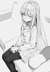Rule 34 | 1girl, blazer, bow, bowtie, breasts, closed mouth, couch, curled fingers, cushion, dress shirt, eyes visible through hair, from above, greyscale, hands on own knees, highres, jacket, light smile, long bangs, long hair, looking at viewer, looking up, miniskirt, monochrome, on couch, original, own hands together, pantyhose, plaid, plaid skirt, pleated skirt, puyo (puyotopia), school uniform, shirt, sidelocks, sitting, skirt, small breasts, very long hair