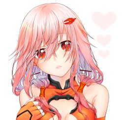Rule 34 | 1girl, absurdres, bare shoulders, blush, breasts, center opening, cleavage, detached sleeves, elbow gloves, fingerless gloves, gloves, guilty crown, hair between eyes, hair ornament, hairclip, highres, long hair, looking at viewer, medium breasts, parted lips, pink hair, red eyes, sarina (tosiyukiryousuke), solo, twintails, upper body, yuzuriha inori