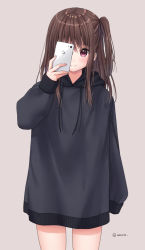 Rule 34 | 1girl, anz32, bad id, bad pixiv id, black hoodie, blush, brown background, brown eyes, brown hair, cellphone, closed mouth, commentary request, drawstring, hair between eyes, hand up, holding, holding phone, hood, hood down, hoodie, long sleeves, looking at viewer, one side up, original, phone, puffy long sleeves, puffy sleeves, simple background, sleeves past fingers, sleeves past wrists, smile, solo, twitter username
