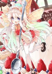 Rule 34 | 1girl, apron, blue eyes, bow, bowtie, butterfly wings, cake, elbow gloves, fairy, food, fruit, gloves, gradient hair, green hair, hairband, holding, insect wings, lolita hairband, long hair, mini person, minigirl, miniskirt, multicolored hair, naka akira, open mouth, original, pink hair, purple eyes, shoes, skirt, smile, solo, spoon, strawberry, thighhighs, very long hair, white gloves, white hair, white thighhighs, wings