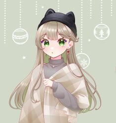 Rule 34 | 1girl, absurdres, animal hat, black headwear, earrings, green eyes, grey background, hair ornament, hairclip, hat, highres, jewelry, light brown hair, long hair, looking at viewer, masumofu, necklace, original, ribbed sweater, stole, sweater, upper body