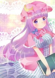 Rule 34 | 1girl, absurdres, blue eyes, blush, book, capelet, crescent, crescent hair ornament, dress, expressionless, gradient background, hair ornament, hat, hige (nyokanyoka), highres, lace background, long hair, looking at viewer, mob cap, patchouli knowledge, purple hair, robe, solo, sparkle, striped clothes, striped dress, touhou, very long hair
