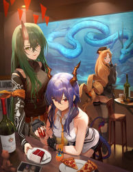 Rule 34 | 3girls, absurdres, arknights, bare arms, bare shoulders, black headwear, black shirt, blonde hair, blue hair, bottle, ch&#039;en (arknights), commentary, cup, dragon horns, drill hair, drinking glass, food, from behind, green eyes, green hair, hair between eyes, highres, holding, holding cup, horns, hoshiguma (arknights), hoshiguma (ronin huntress) (arknights), ko-ma, long hair, looking at viewer, looking back, multiple girls, necktie, official alternate costume, parted lips, pizza, pizza slice, plate, red eyes, shirt, sidelocks, single horn, sleeveless, sleeveless shirt, smile, swire (arknights), thighhighs, very long hair, white shirt, wing collar, yellow eyes, yellow neckwear