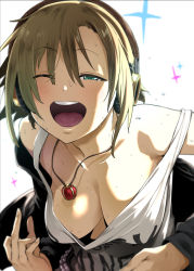 Rule 34 | 10s, 1girl, air guitar, bare shoulders, blush, breasts, brown hair, cleavage, clothes writing, commentary request, downblouse, green eyes, headphones, idolmaster, idolmaster cinderella girls, jewelry, looking at viewer, necklace, no bra, off shoulder, one eye closed, open mouth, pija (pianiishimo), short hair, smile, solo, sweat, tada riina, tank top