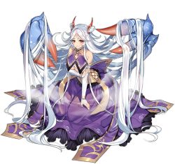 Rule 34 | 1girl, absurdly long hair, ark order, arthropod girl, bracelet, breasts, bridal gauntlets, cancer (ark order), claws, clothing cutout, crab claw, crab girl, cross-laced clothes, cross-laced cutout, dress, elbow gloves, full body, gloves, gold trim, hair flowing over, hatoyama itsuru, jewelry, large breasts, long hair, looking at viewer, official art, purple dress, red eyes, side cutout, sleeveless, sleeveless dress, smile, solo, tachi-e, transparent background, underboob, very long hair, white gloves, white hair