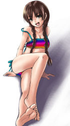 Rule 34 | 00s, 1girl, barefoot, bikini, chiko (kanhogo), feet, legs, maria-sama ga miteru, shimazu yoshino, side-tie bikini bottom, solo, striped bikini, striped clothes, swimsuit