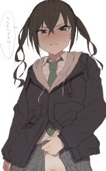 Rule 34 | 1girl, absurdres, annoyed, black jacket, blush, breasts, brown eyes, brown hair, brown pubic hair, clenched teeth, clothes lift, drawstring, embarrassed, female focus, full-face blush, green necktie, grey skirt, hair between eyes, hamita1220, highres, idolmaster, idolmaster cinderella girls, jacket, japanese text, lifted by self, looking at viewer, looking down, medium hair, mole, mole under eye, necktie, no panties, out-of-frame censoring, pleated skirt, pubic hair, pubic hair peek, sharp teeth, shirt, sidelocks, simple background, skirt, skirt lift, small breasts, solo, sparse pubic hair, speech bubble, sunazuka akira, sweatdrop, teeth, translation request, twintails, white background, white shirt