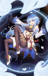 Rule 34 | 1girl, :d, absurdres, ahoge, artist name, bell, black bodysuit, black gloves, blue background, blue hair, bodysuit, breasts, chinese commentary, cloud, cowbell, dated, detached sleeves, dress, fang, floating, flower knot, full body, ganyu (genshin impact), genshin impact, glint, gloves, goat horns, gold trim, hair between eyes, high heels, highres, horns, light blue hair, long hair, looking at viewer, medium breasts, neck bell, open mouth, outstretched arm, pelvic curtain, purple eyes, signature, skin fang, skin tight, smile, solo, tassel, white dress, white footwear, yu e baba