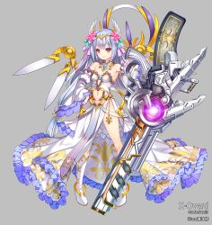 Rule 34 | 1girl, bare shoulders, boots, clothing cutout, copyright notice, detached sleeves, dress, flower, frilled dress, frills, full body, grey background, gun, hair flower, hair ornament, hair ribbon, hand on own hip, hand up, huge weapon, jewelry, knee boots, long hair, looking at viewer, mecha musume, navel, pink ribbon, red eyes, ribbon, silver hair, solo, stomach cutout, strelitzia (x-overd), tiara, very long hair, weapon, white dress, white footwear, wide sleeves, x-overd, yuasa akira